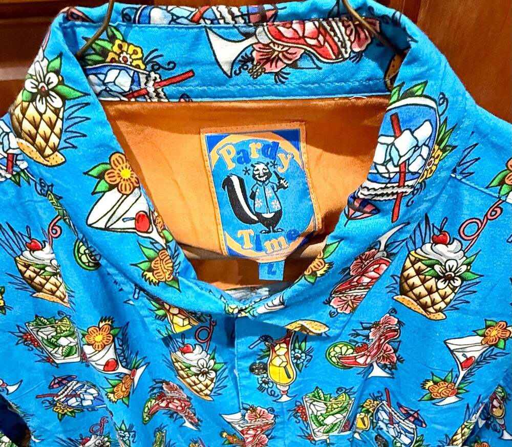 NWT Pardy Time Men's Blue Tropical Cocktail Drink Print Shrt Slve Hawaiian Shirt